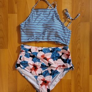 NEW Women's Sz L High waste Bottom Swimsuit Blue Striped Tropical Top Swimwear